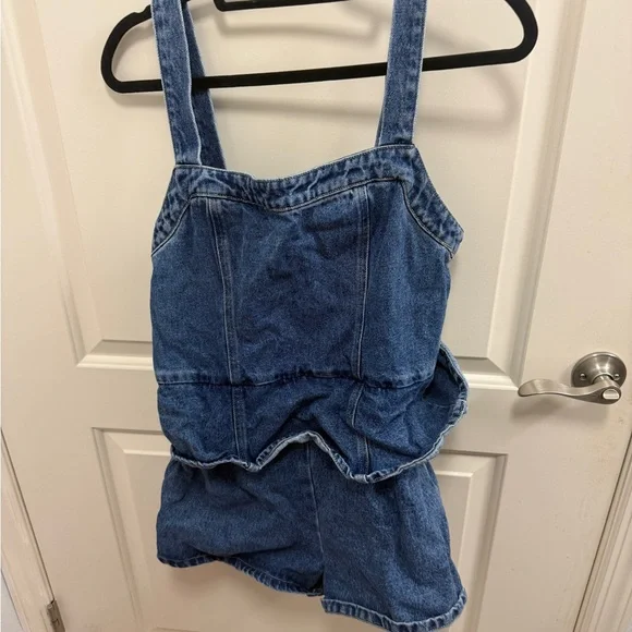 Denim Romper with Ruffle Waist - Blue - Picture 1 of 2